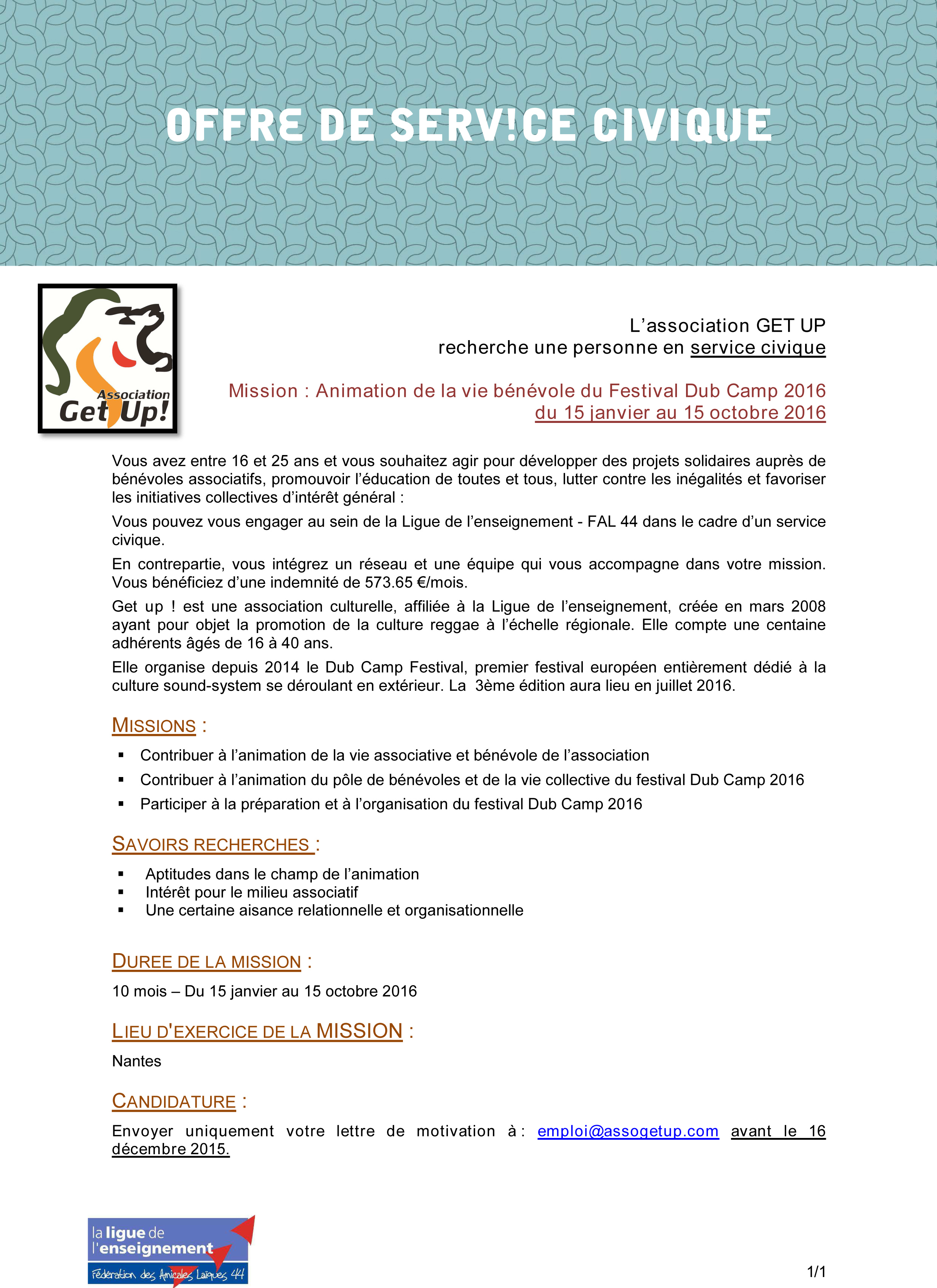 Offre de Service Civique Animation de la vie bénévole sur le Dub Camp Festival 2016